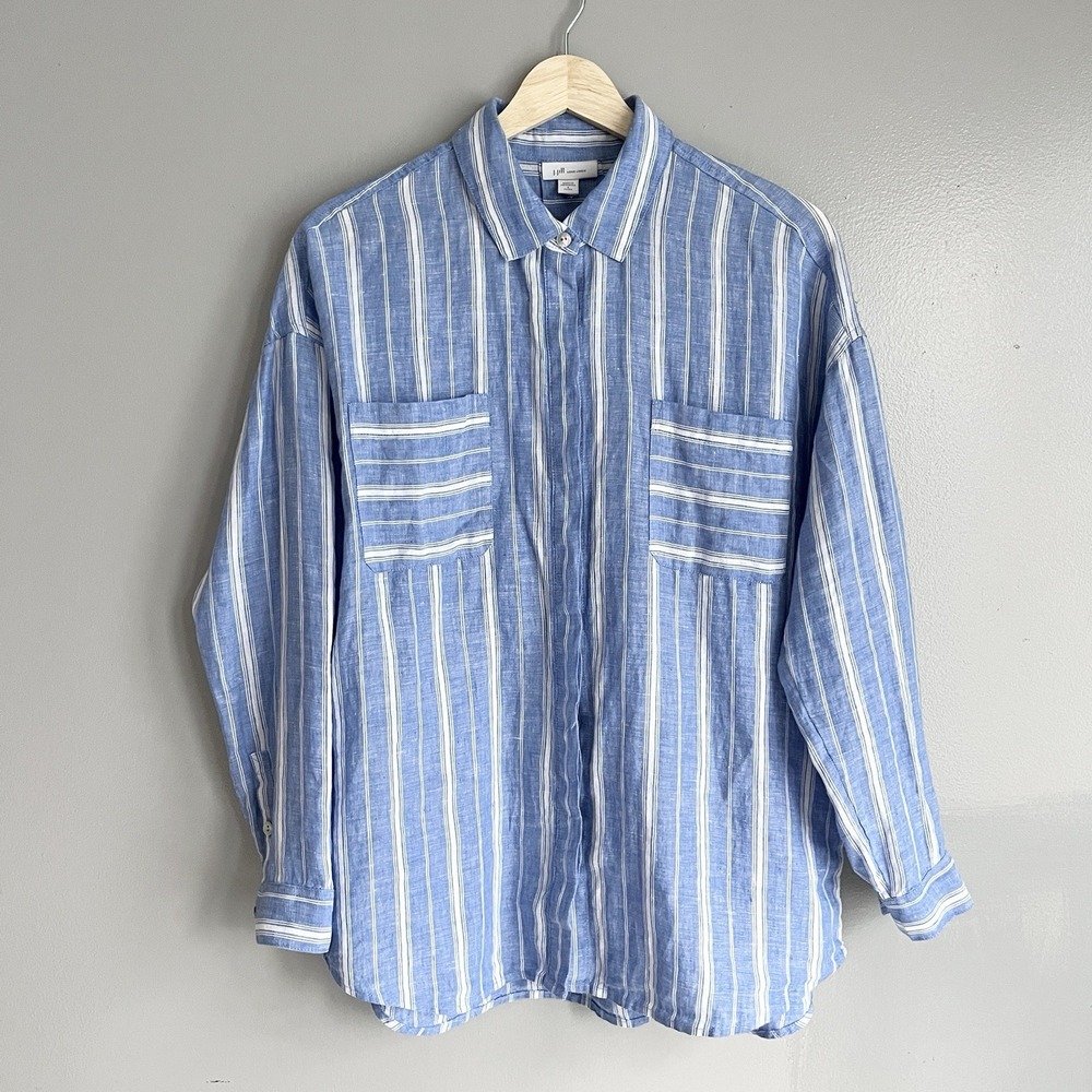 J Jill Love Linen Top Button Tunic Blue White Stripes Pockets Size Small Petite